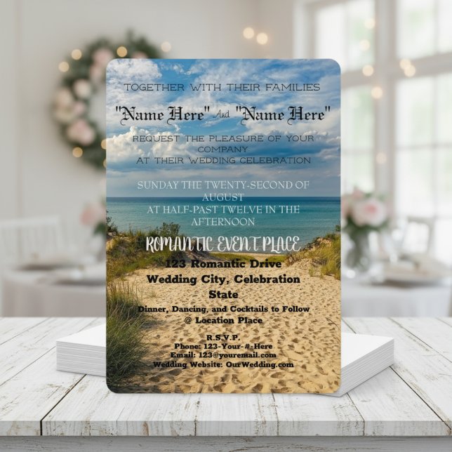 "Areia Romântica" Convite para Casamento de Praia ("Romantic Sands" Beach Wedding Invitation)