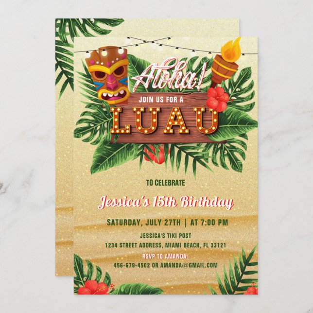 Areia Tropical de Luau Convite de Aniversário (Frente/Verso)