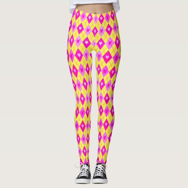 Argyle Diamantes Rosa Corações Leggings de Padrão (Frente)