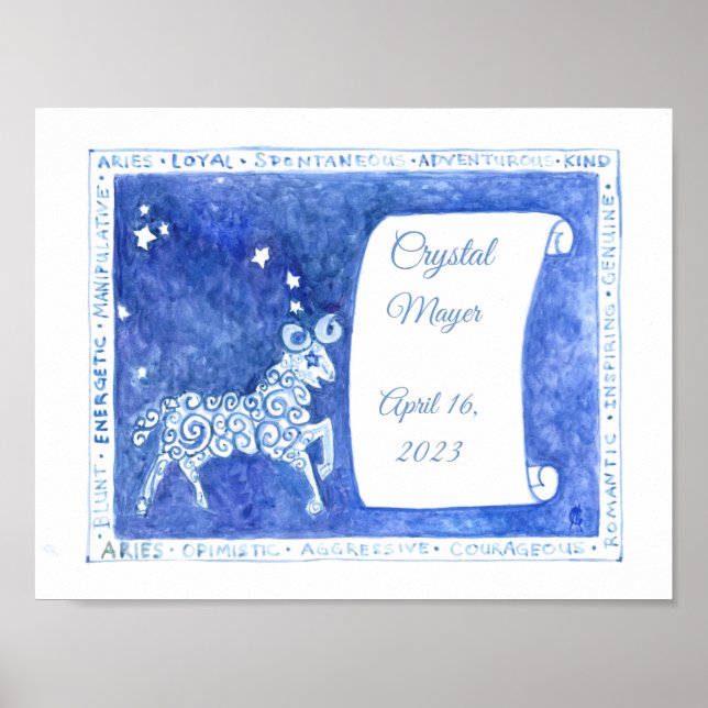 Aries impressão de aquarela de aniversário (Frente)