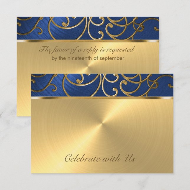 Arquivo Elegante azul e Dourado da placa RSVP (Frente/Verso)