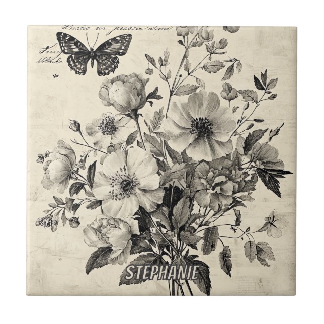 Arranjo Floral Antigo - Borboleta Monocromática (Frente)