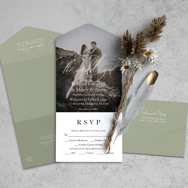Arranjo Verde do Script de Foto Moderno RSVP Entre (Simplify your wedding with our all-in-one invitation – convenience and beauty in a single card.)