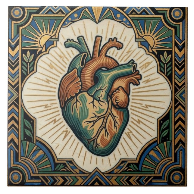 Art Deco Anatomical Heart Teal Green Gold Design (Frente)