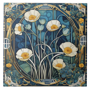 Art Deco Anemone Flowers Art Nouveau Blue Floral