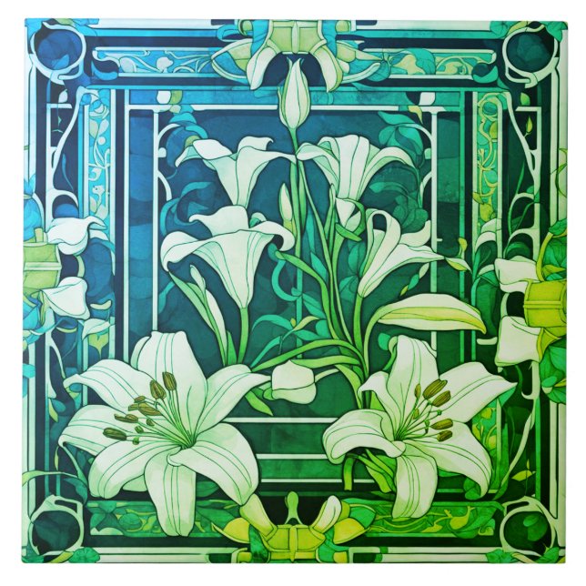 Art Deco Art Nouveau Lily Flower Green Floral (Frente)
