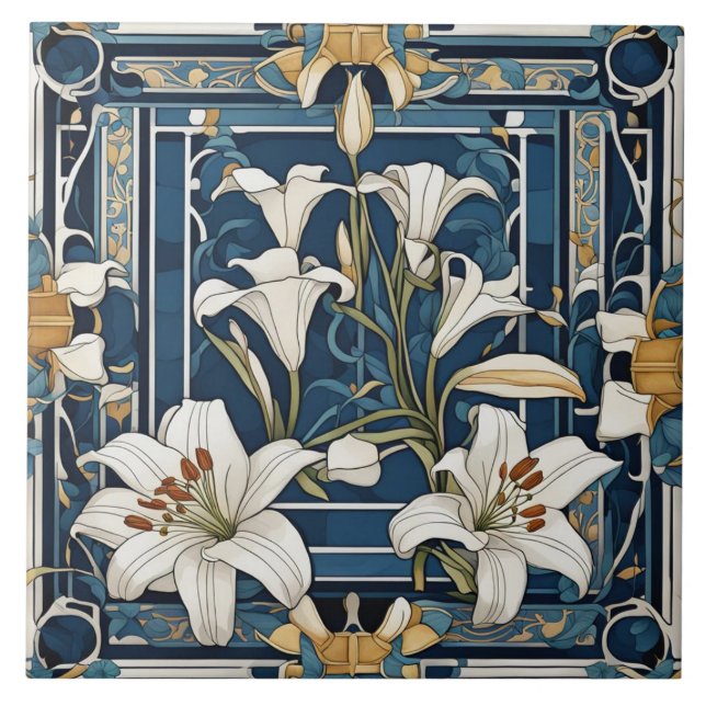 Art Deco Art Nouveau White Lily Fllower Blue Flora (Frente)