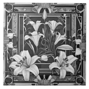 Art Deco Art Nouveau White Lily Flower Cinza Flora