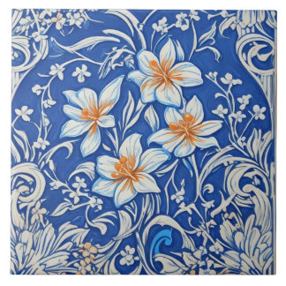 Art Deco Art Nouveau White Lily Flowers on Blue