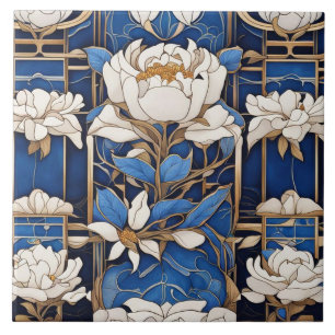 Art Deco Art Nouveau White Peony Flor Azul