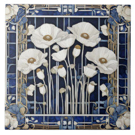Art Deco Art Nouveau White Poppy Flores Azuis