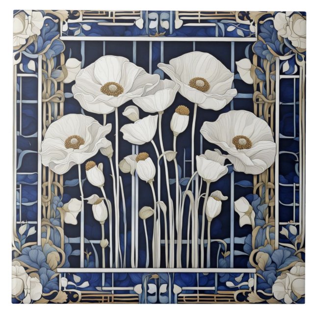 Art Deco Art Nouveau White Poppy Flores Azuis (Frente)