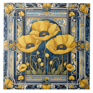 Art Deco Art Nouveau Yellow Poppy Flowers Blue