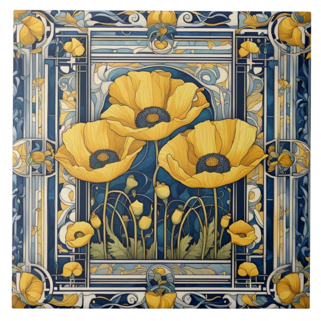 Art Deco Art Nouveau Yellow Poppy Flowers Blue (Frente)