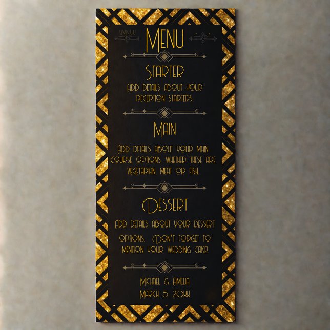 Art Deco Black and Dourado Wedding Menu (Criador carregado)