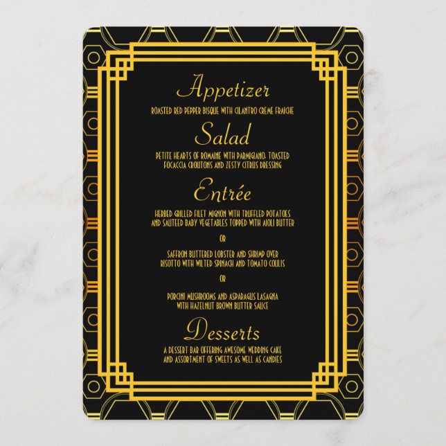 Art Deco Black and Dourado Wedding Menu (Frente)