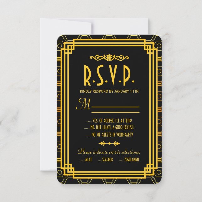 Art Deco Black and Dourado Wedding RSVP (Frente)