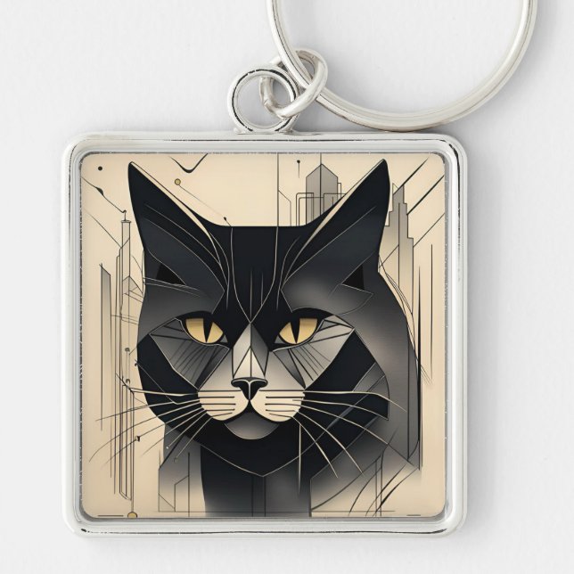 Art Deco Black Cat Chaveiro (Frente)