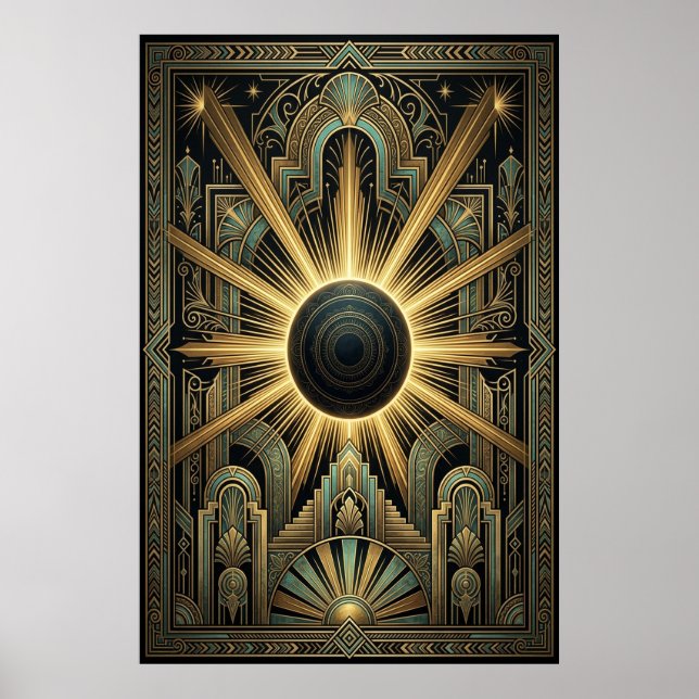 Art Deco Black Hole Celestial Poster | Gold Teal  (Frente)