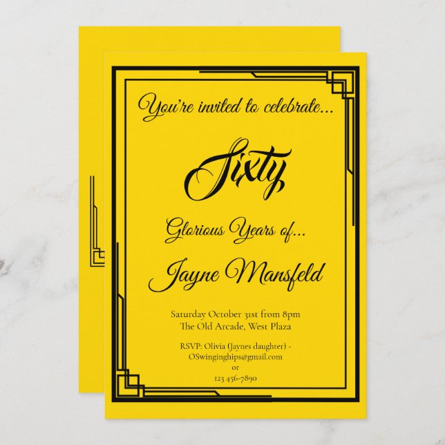 Art Deco Black on Dourado Convite de aniversário (Frente/Verso)