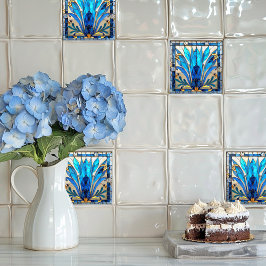 Art Deco Blue Dourado Petinhas Flores Brancas