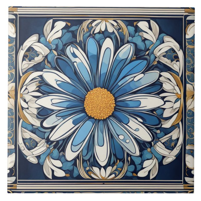 Art Deco Blue e White Daisy Flower Art Nouveau (Frente)