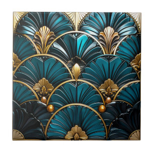 Art Deco Blue Feather Fans e Dourados Acentos 4.25