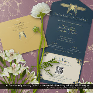 Art Deco Borboleta Monograma Dourado Casamento Azu