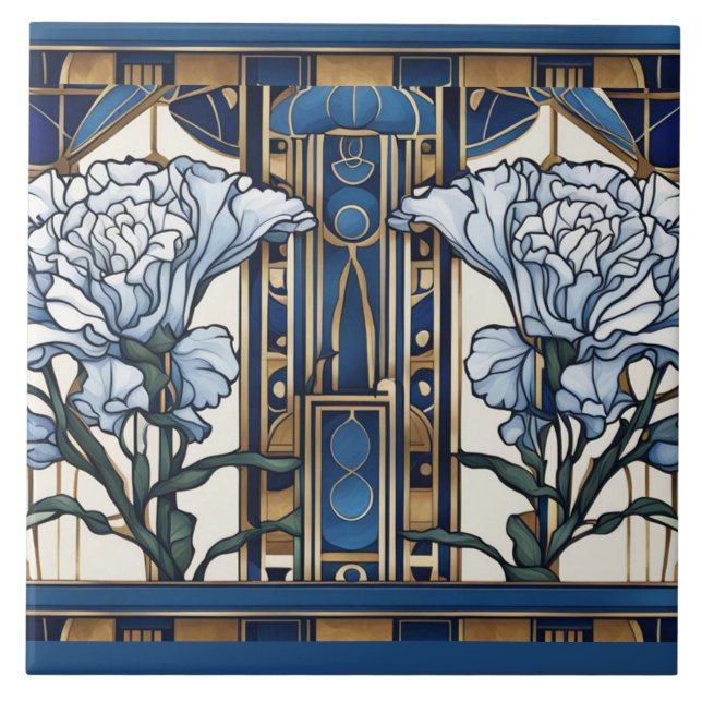 Art Deco Carnação Flores Art Nouveau Blue Floral (Frente)