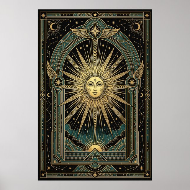 Art Deco Celestial Sun Face Poster | Gold Teal (Frente)