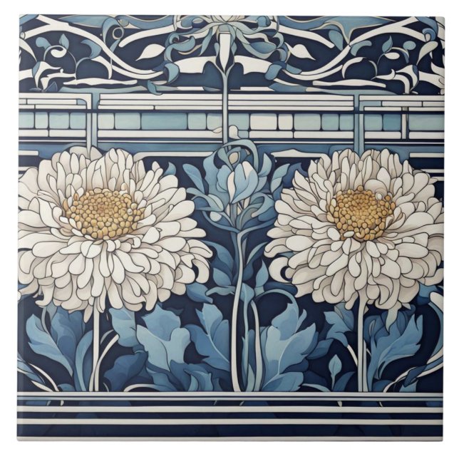 Art Deco chrysanthemum Flowers Art Nouveau Blue (Frente)