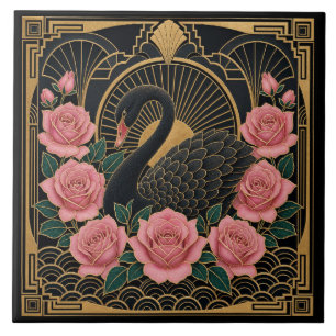 Art Deco Cisne Negro e Rosas Pink