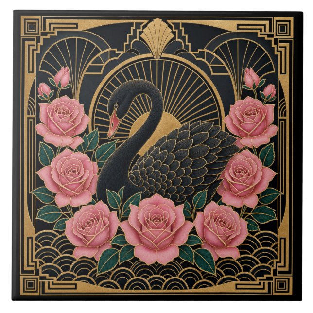 Art Deco Cisne Negro e Rosas Pink (Frente)
