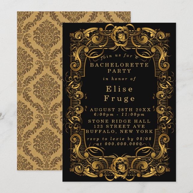 Art Deco Convite à Festa de solteira Dourada Preta (Frente/Verso)