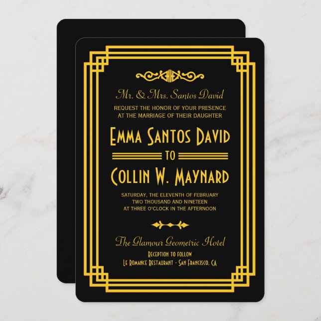 Art Deco Convites de casamento Pretos e Dourados (Frente/Verso)