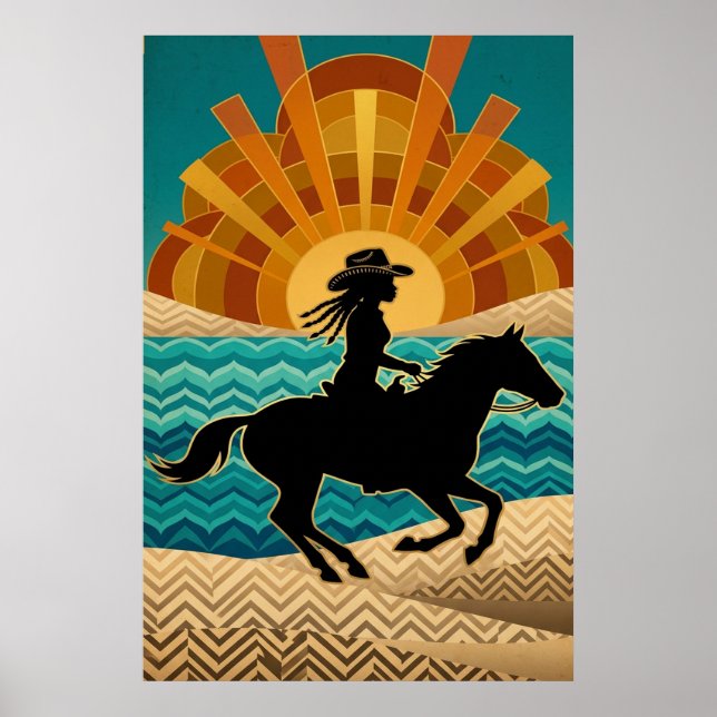 Art Deco Cowgirl Horse Sunset Teal Orange Poster (Frente)