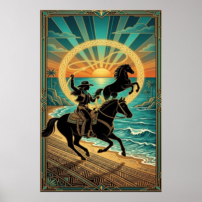 Art Deco Cowgirl Lasso Horse Beach Sunset Poster (Frente)