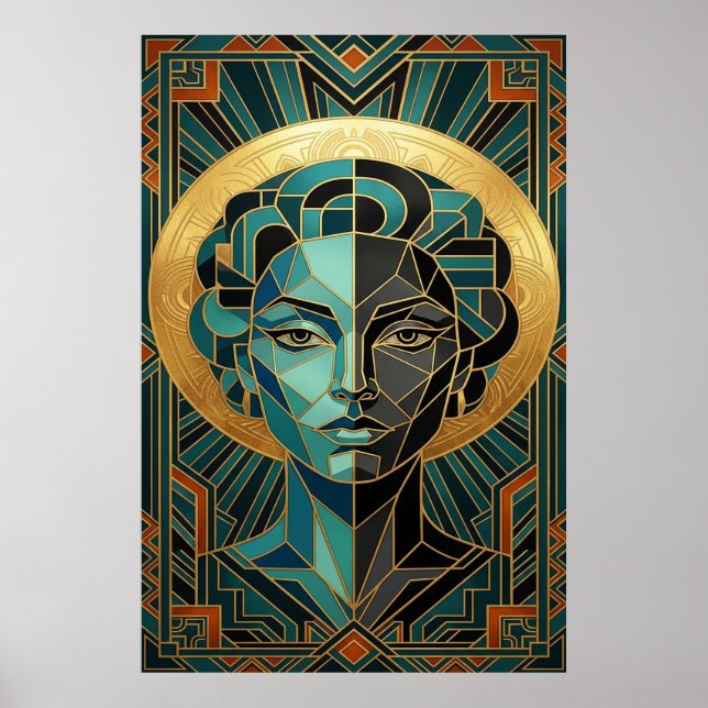 Art Deco Cubist Woman Face Gold Teal Poster (Frente)