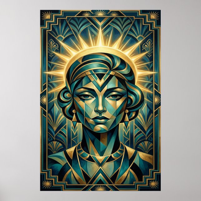Art Deco Cubist Woman Sunset Gold Teal Poster (Frente)