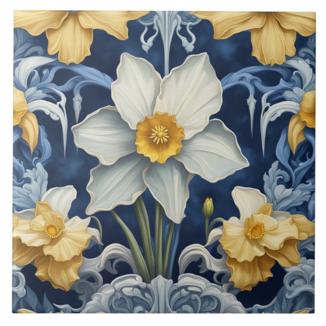 Art Deco Daffodil Flowers Art Nouveau Blue (Frente)