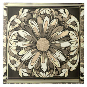 Art Deco Daisy Flower Art Nouveau Beige & Cinza