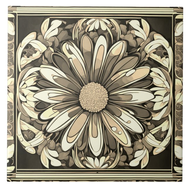 Art Deco Daisy Flower Art Nouveau Beige & Cinza (Frente)