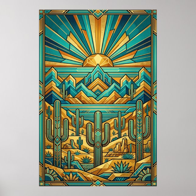 Art Deco Desert Sunset Poster - Geometric Saguaro  (Frente)
