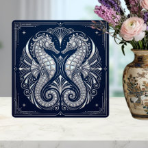 Art Déco Dois Cavalos-Marinhos Madrepérola Azul