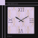 Art Deco Dourado, Lavanda e Relógio de Parede Quad<br><div class="desc">Deco Elegante de Arte com apoio Dourado na Lavanda com Números Numerais Romanos de Plum Escuro e Trim. Excelente para salas de entrada,  jantar,  áreas vivas e muito mais. Disponível em várias cores.</div>