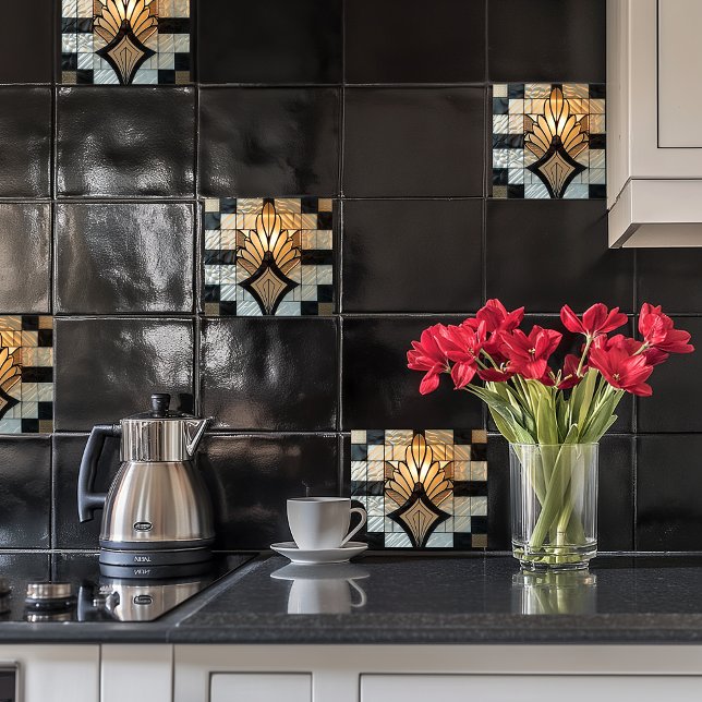 Art Deco Dourado Ventilador Branco Preto Floral (Criador carregado)