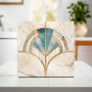 Art Deco Fan Shell - Travertino e mármore azul