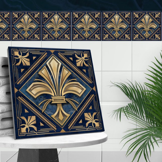 Art Deco Fleur-de-lis - Blue Marble e Dourado (Criador carregado)