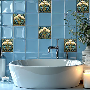 Art Deco Flor Branca Turquesa Azul Dourado