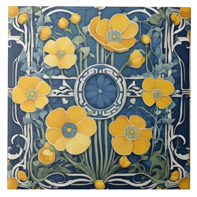 Art Deco Flores Amarelas Art Nouveau Blue Floral (Frente)